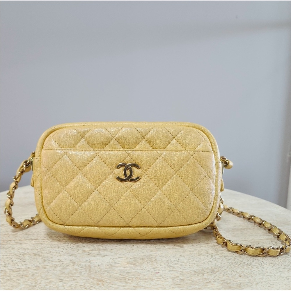 Rare 2019 Chanel Caviar Iridescent Yellow Camera Bag with Gold Hardware